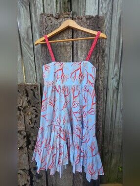 KLEID For HER Coral Printed Sundress. Sky Blue W/Orange Braided Straps